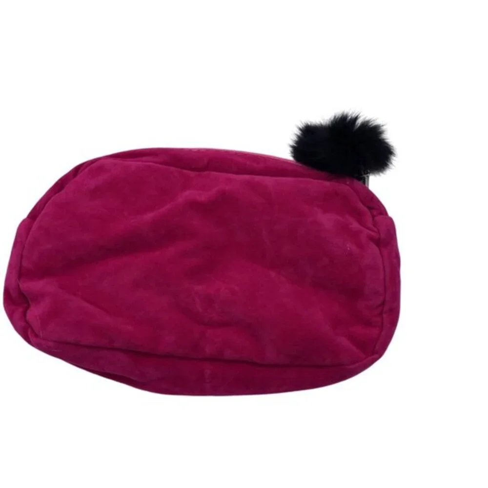 Pink Velvet Cosmetic Pouch With Embroidered Eyelash‎ Design & Fluffy Pom Pom